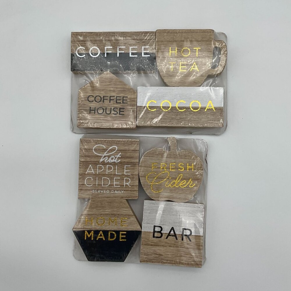 Decorative Wooden Drink Bar Props Decor 4 per Pack Coffee, Cider Tea Cocoa
